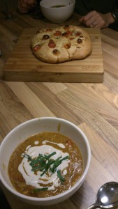 Roast tomato and yellow lentil soup with spiced yoghurt