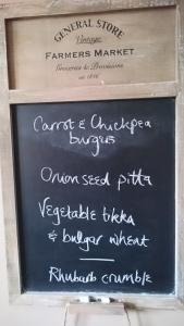Menu: Carrot and chickpea burgers and Rhubarb crumble.